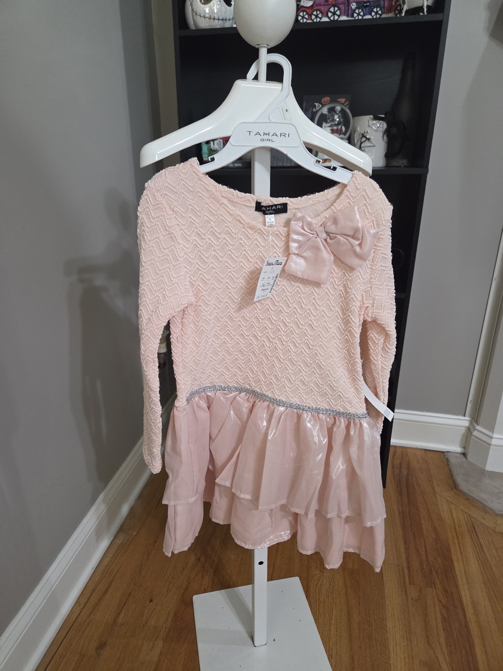 Tahari Girl Light Pink Bow-Trimmed Layered Chiffon Dress